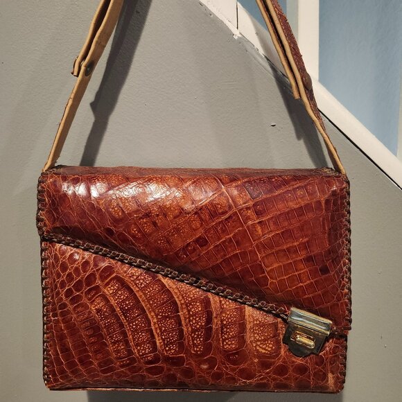 Vintage 1950's Genuine ALLIGATOR Multi Section Handbag Adjustable Strap - Picture 1 of 11